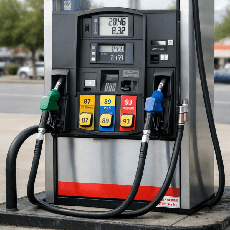 Gas station pump with options for 87 regular, 89 plus, and 93 premium gasoline